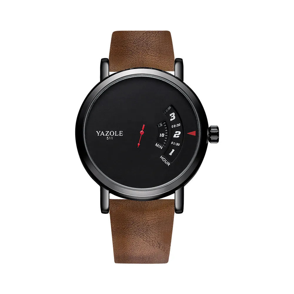 Men's turntable dial watch with metal case, analogue and digital display, and pin buckle strap