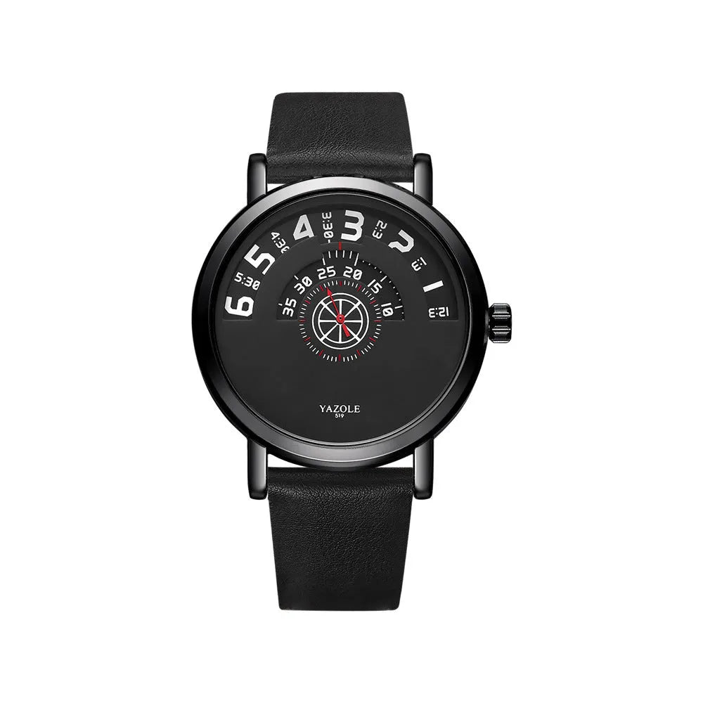 Men's turntable dial watch with metal case, analogue and digital display, and pin buckle strap