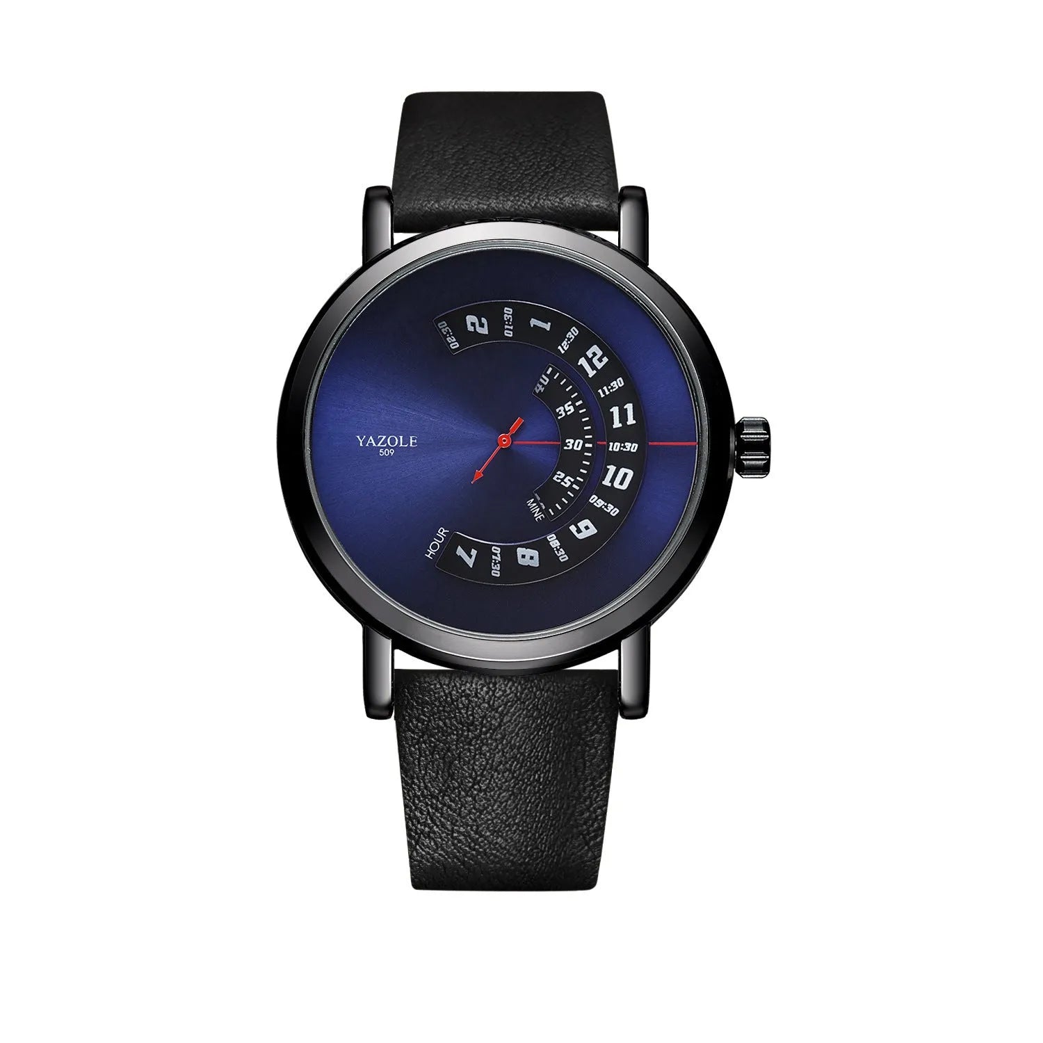 Men's turntable dial watch with metal case, analogue and digital display, and pin buckle strap