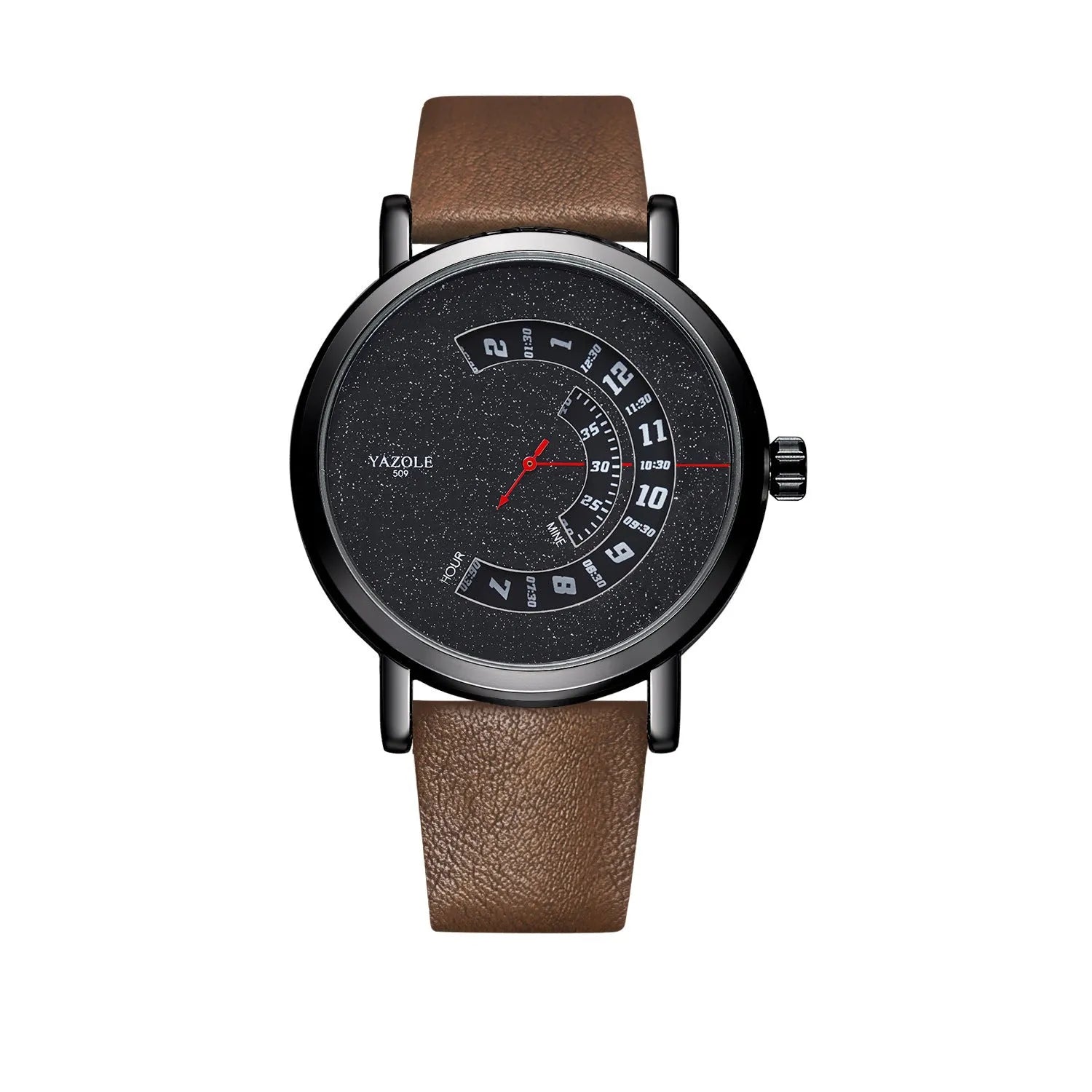 Men's turntable dial watch with metal case, analogue and digital display, and pin buckle strap