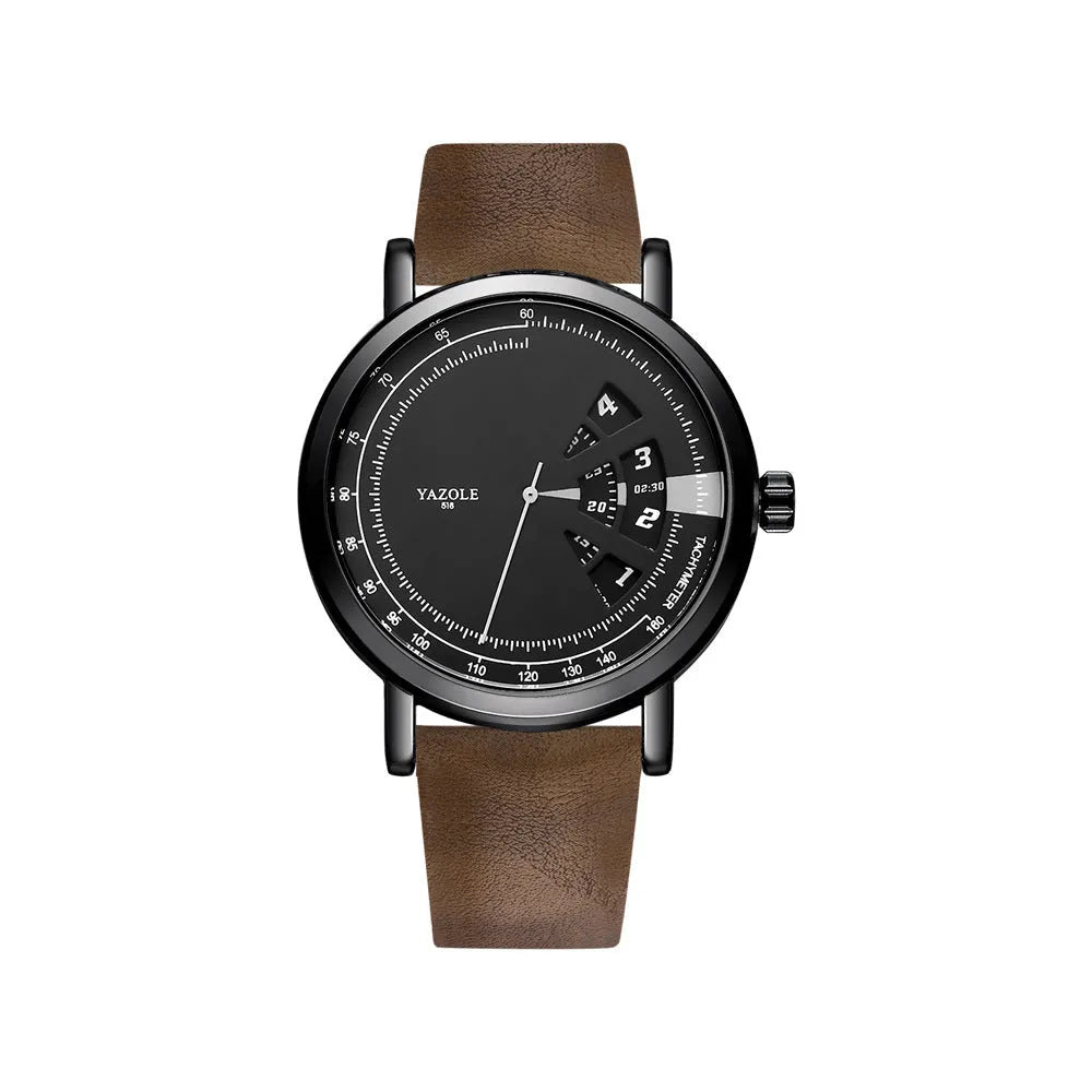 Men's turntable dial watch with metal case, analogue and digital display, and pin buckle strap