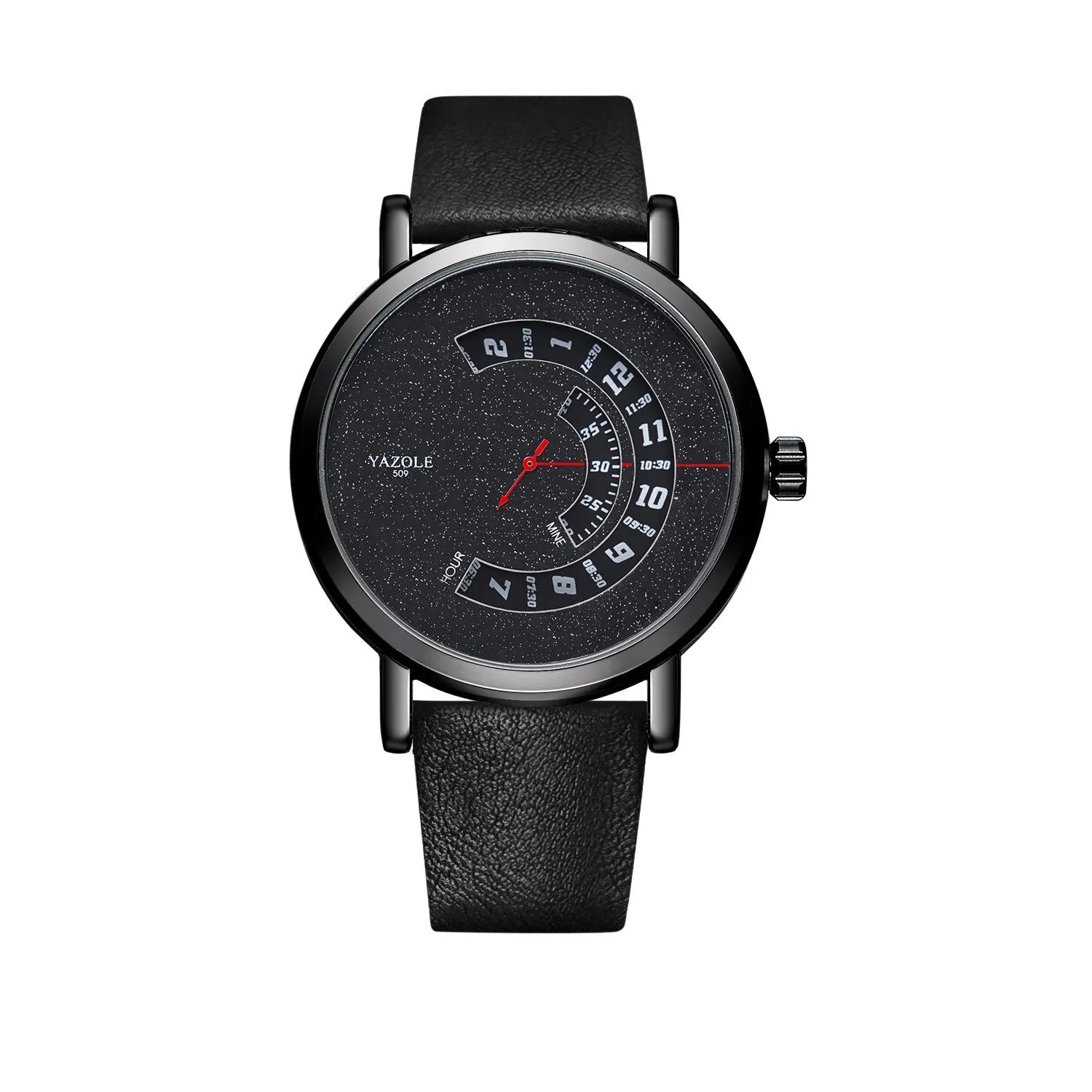 Men's turntable dial watch with metal case, analogue and digital display, and pin buckle strap