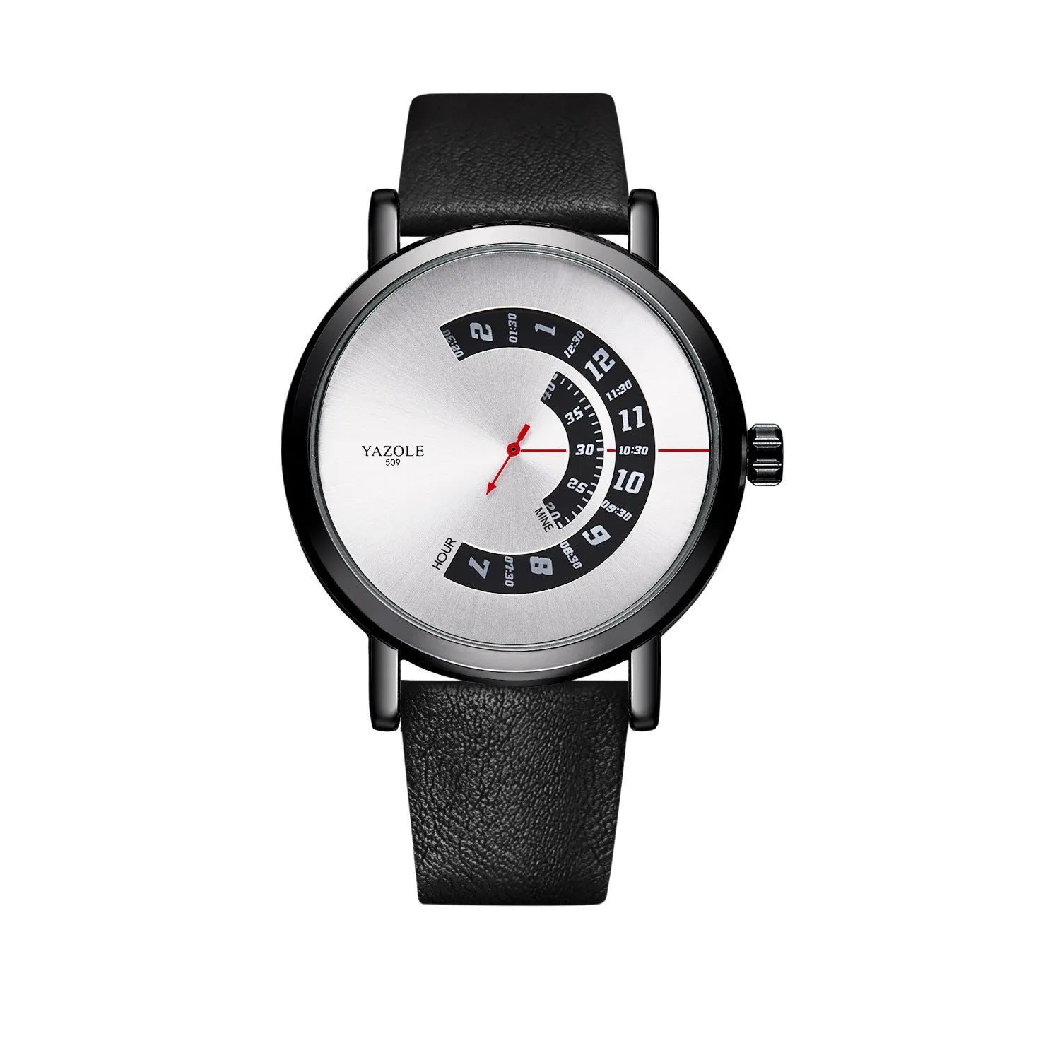 Men's turntable dial watch with metal case, analogue and digital display, and pin buckle strap