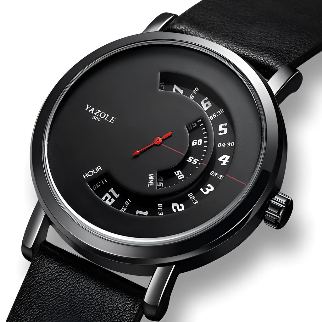 Men's turntable dial watch with metal case, analogue and digital display, and pin buckle strap