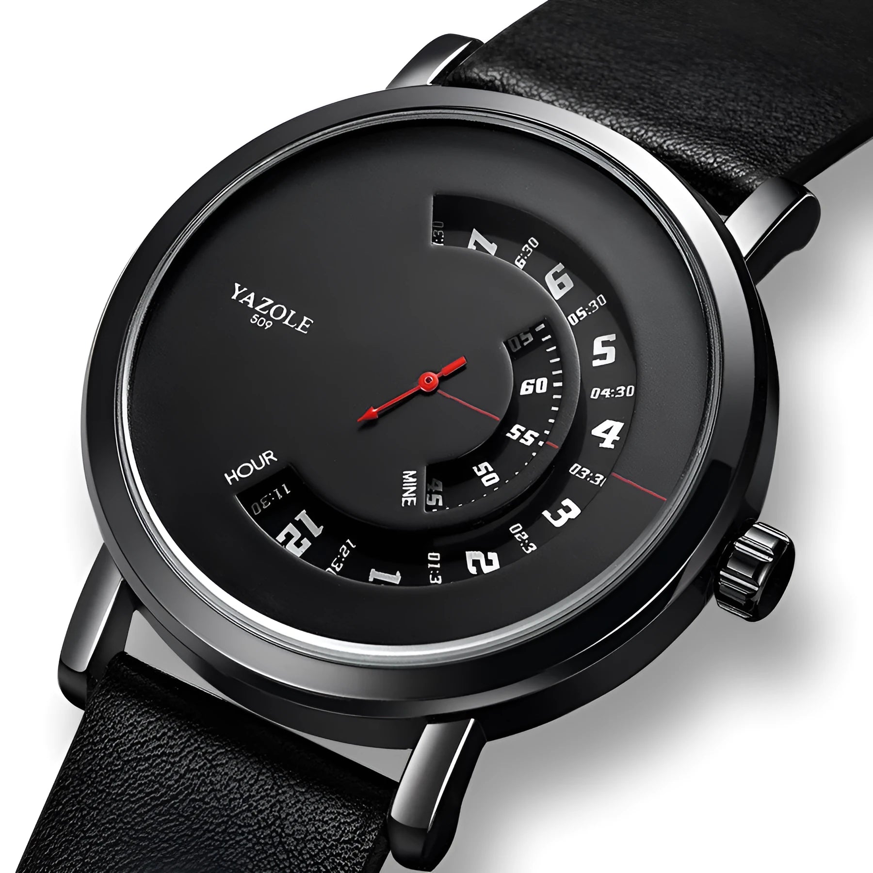 Men's turntable dial watch with metal case, analogue and digital display, and pin buckle strap