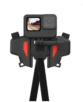 Black universal motorcycle helmet chin strap mount for GoPro and sports cameras.