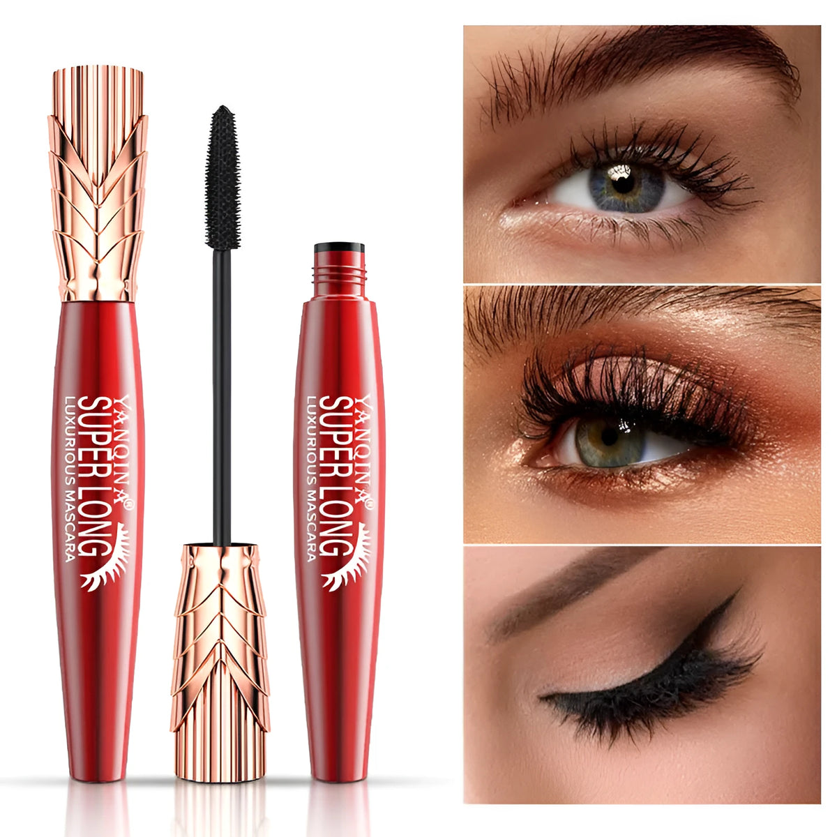 Black waterproof and sweatproof 4D mascara tube, 10ml, 2.05 x 2.05 x 13.9 cm, with crown head brush