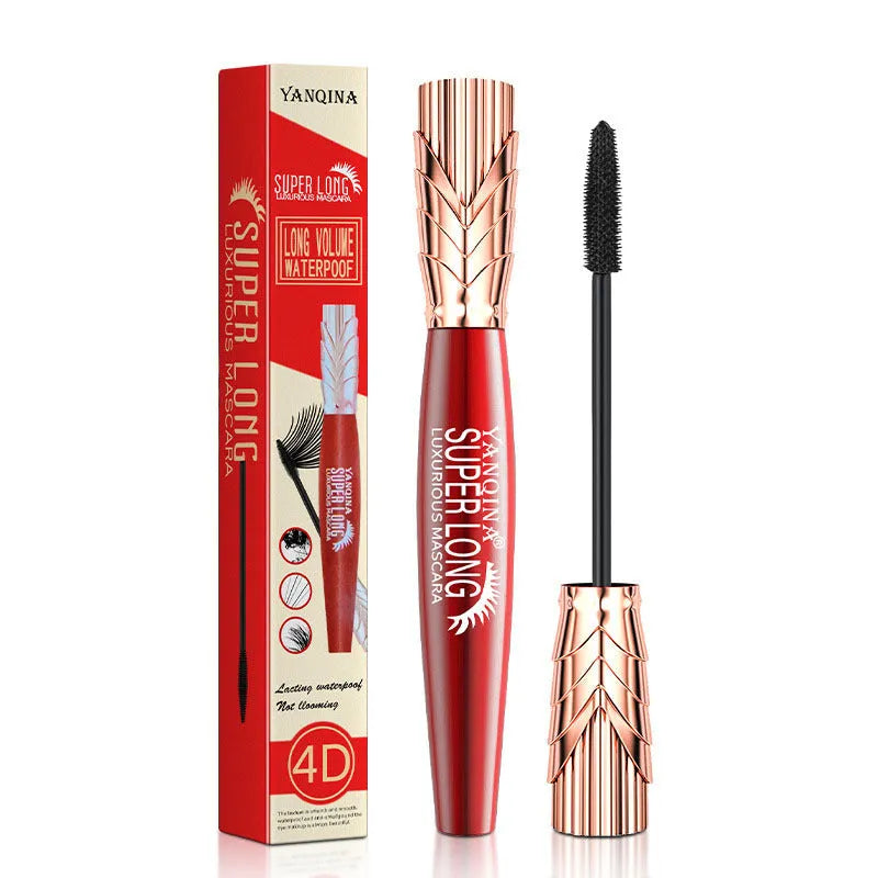 Black waterproof and sweatproof 4D mascara tube, 10ml, 2.05 x 2.05 x 13.9 cm, with crown head brush