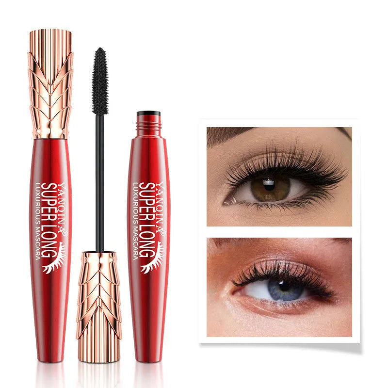 Black waterproof and sweatproof 4D mascara tube, 10ml, 2.05 x 2.05 x 13.9 cm, with crown head brush