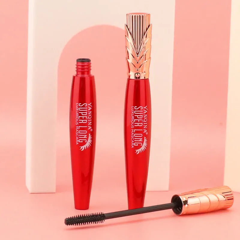 Black waterproof and sweatproof 4D mascara tube, 10ml, 2.05 x 2.05 x 13.9 cm, with crown head brush