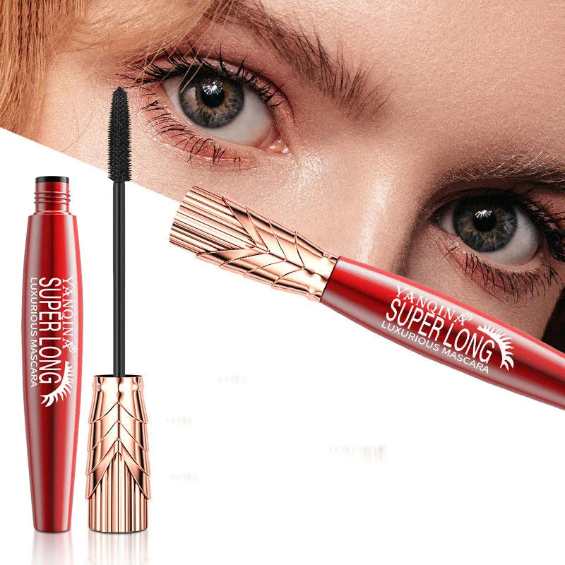Black waterproof and sweatproof 4D mascara tube, 10ml, 2.05 x 2.05 x 13.9 cm, with crown head brush