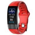 Black smart health bracelet with touch screen showing ECG and heart rate data on a wrist.