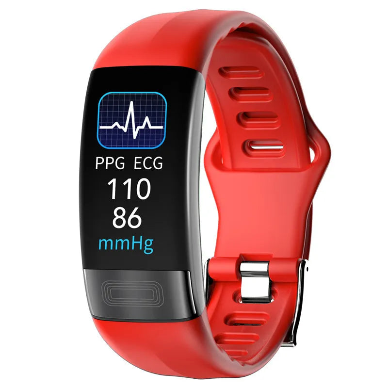 Black smart health bracelet with touch screen showing ECG and heart rate data on a wrist.