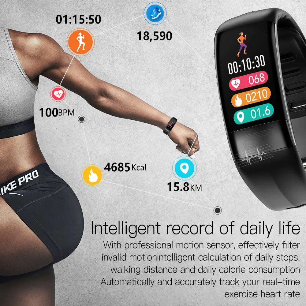 Black smart health bracelet with touch screen showing ECG and heart rate data on a wrist.