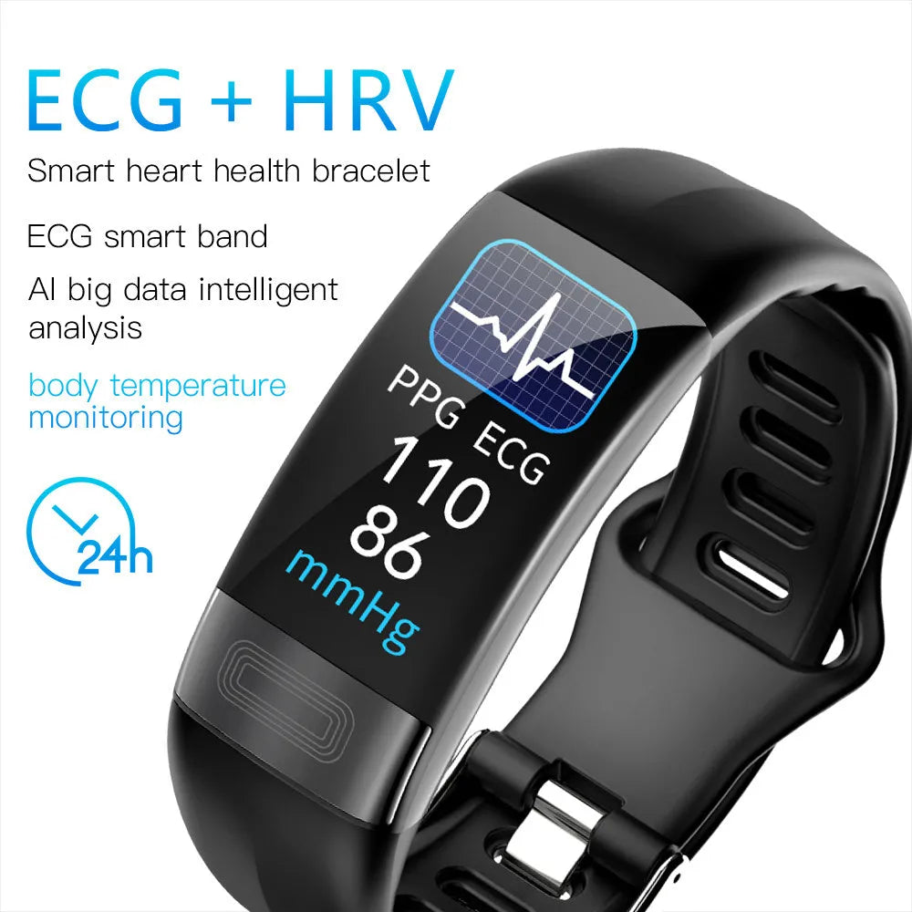Black smart health bracelet with touch screen showing ECG and heart rate data on a wrist.