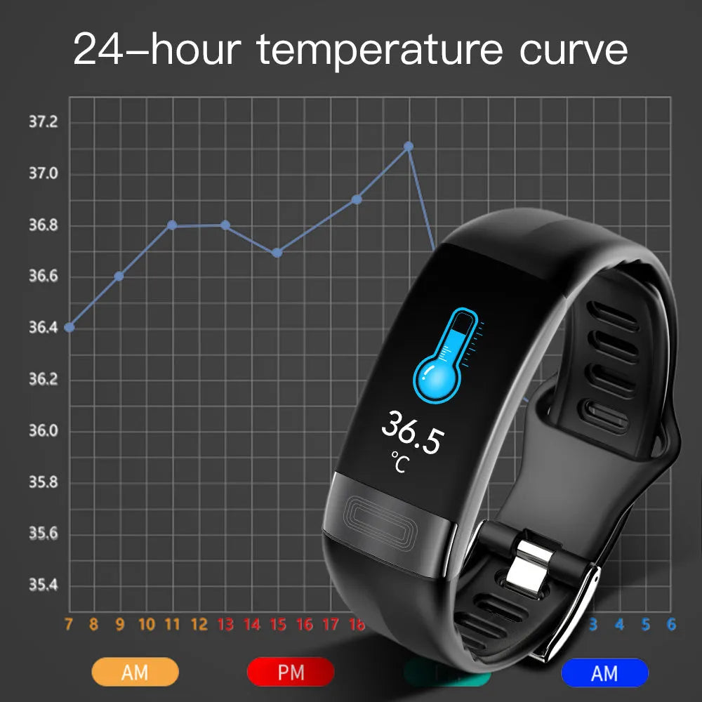 Black smart health bracelet with touch screen showing ECG and heart rate data on a wrist.