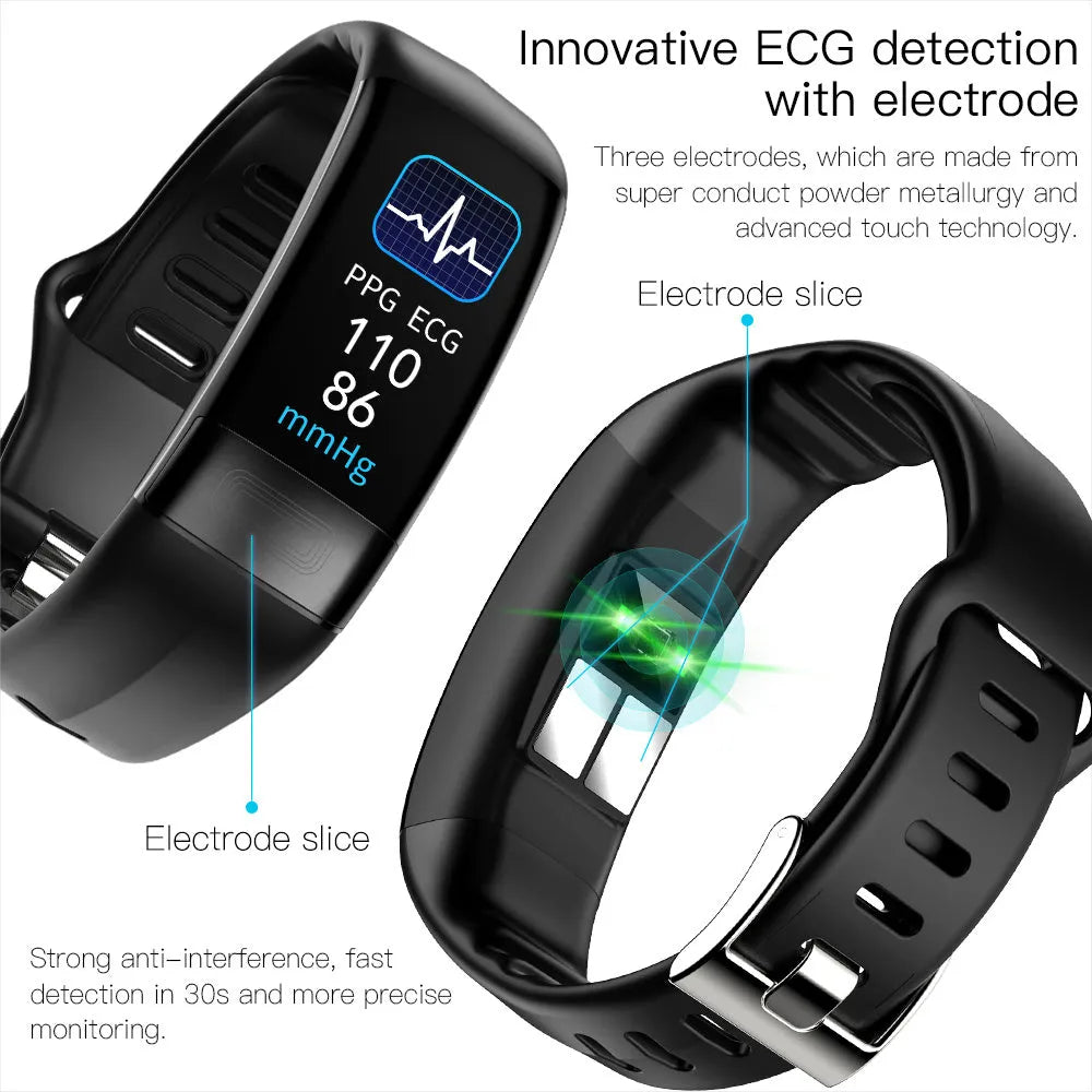 Black smart health bracelet with touch screen showing ECG and heart rate data on a wrist.