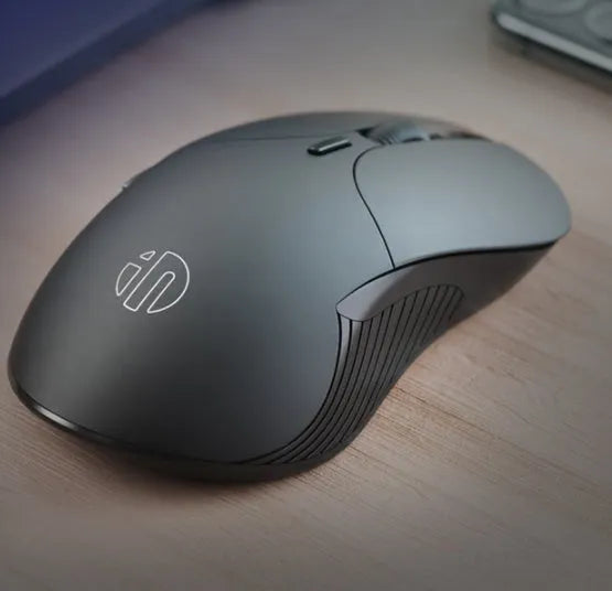 Black wireless voice mouse with six buttons, measuring 123x35x65.5mm
