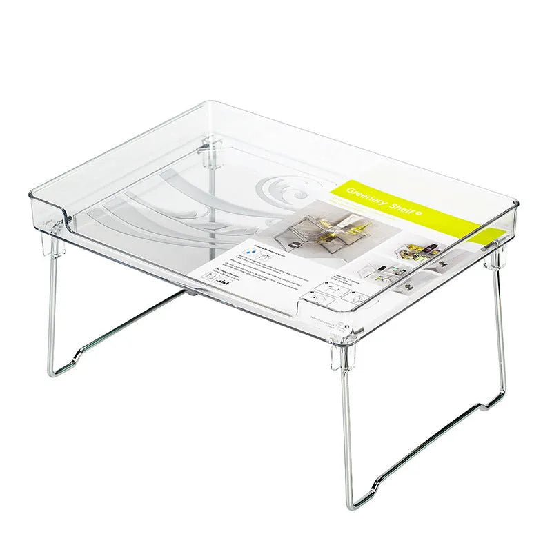 Transparent or white plastic kitchen supplies rack on a countertop or inside a cupboard