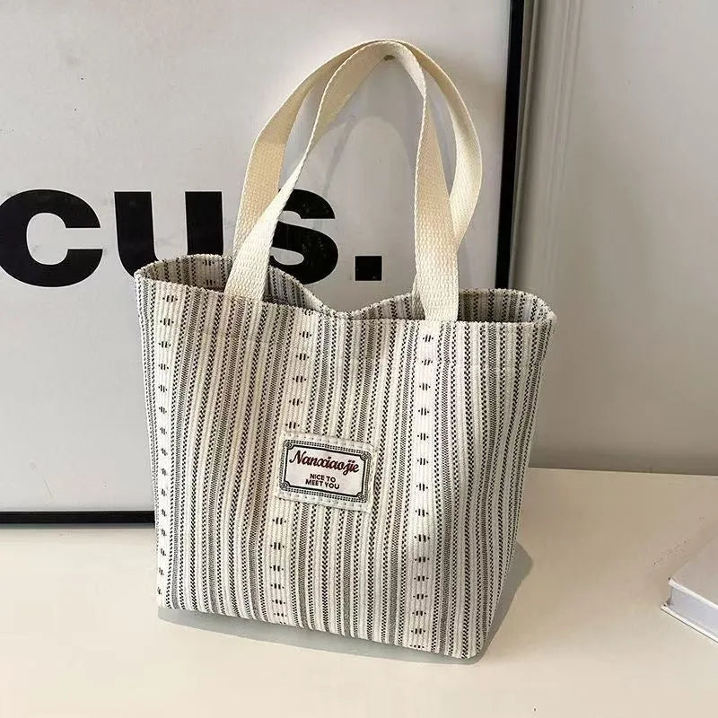 Japanese style large capacity corduroy handbag in ivory white, grey, or dark brown colour