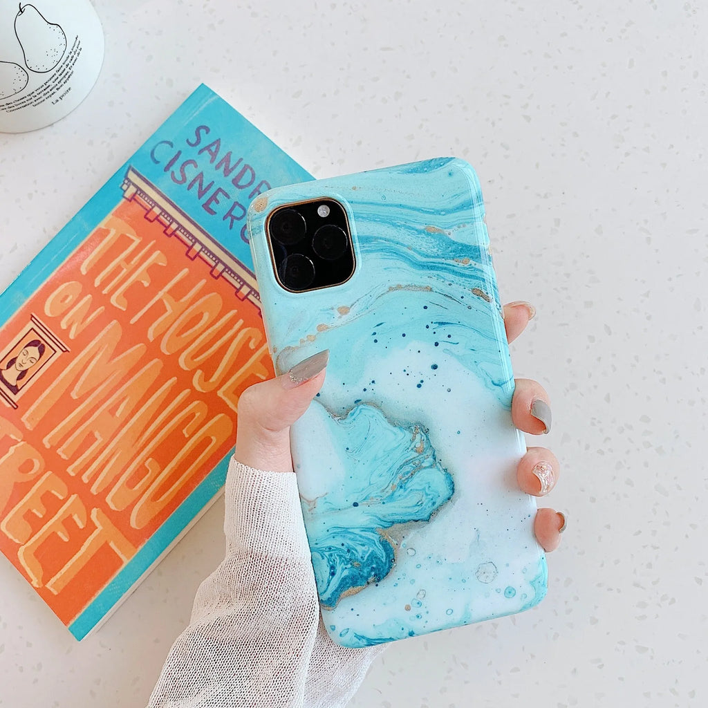 Frosty marble silicone phone case back cover with geometric pattern for iPhone models, available in multiple colours