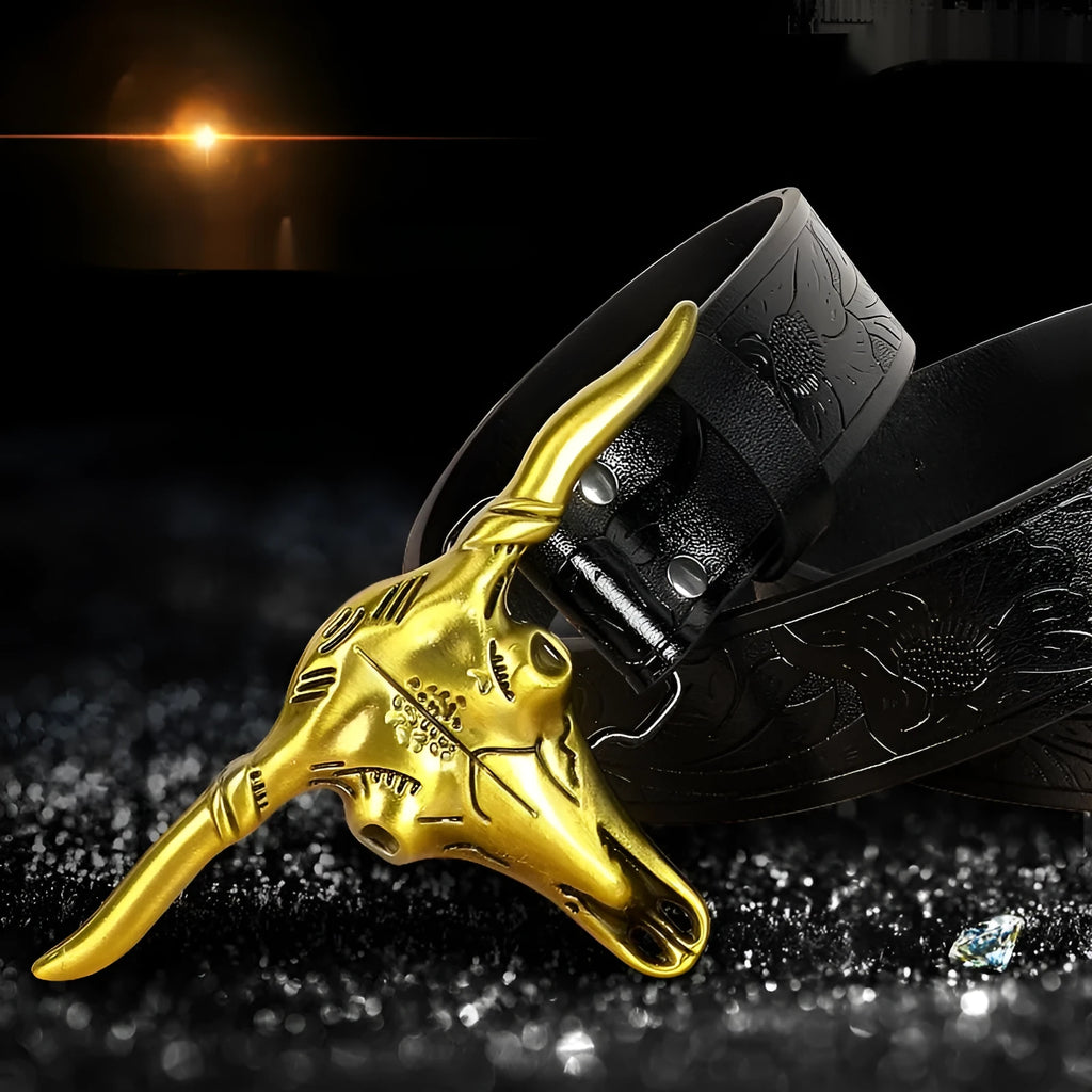 Men's brown imitation leather belt with a detailed silver alloy cow head buckle and pin buckle fastening.