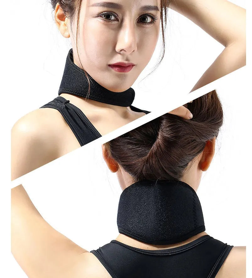 Black self-heating magnetic therapy neck guard with adjustable shoulder strap shown flat.
