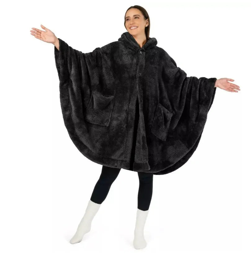 Thickened hooded bathrobe in polyester fabric with cardigan-style closure, shown in available colours