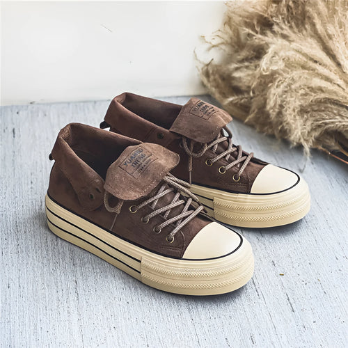 Unisex solid-colour canvas platform shoes with vulcanised rubber sole in black, dark brown, and khaki, sizes 35-44