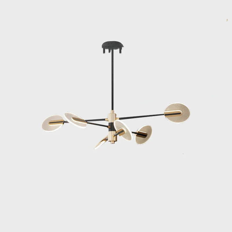 Nordic style iron frame LED chandelier with multiple acrylic shades, shown in a dining room setting.