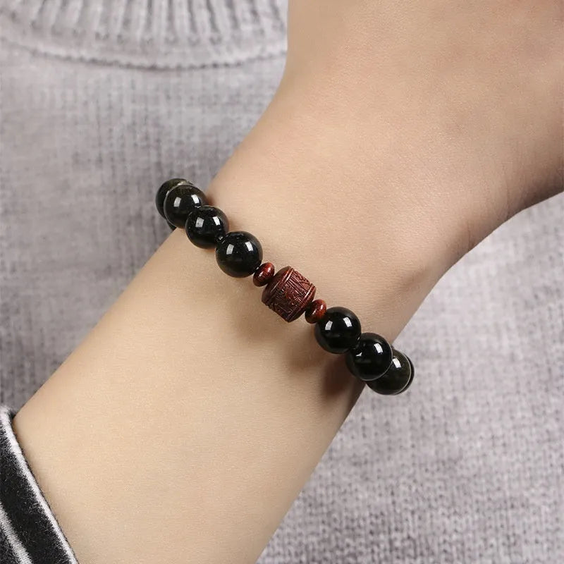 Vintage golden obsidian life bracelet with hand-woven 10mm round beads in a unisex national style design.