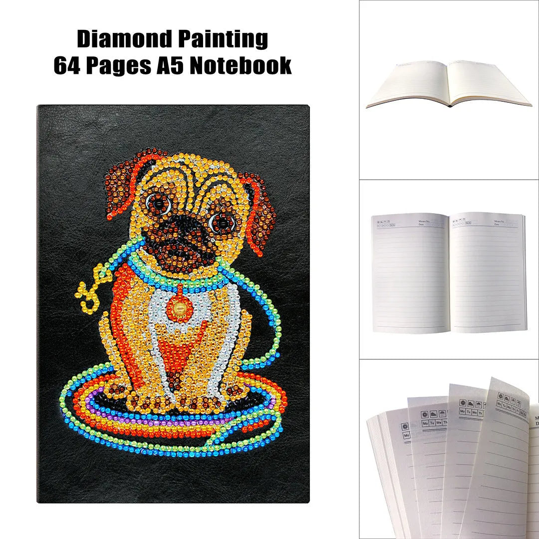 Black A5 hardcover diamond painting notebook with elastic closure, shown closed and open on a crafting table.