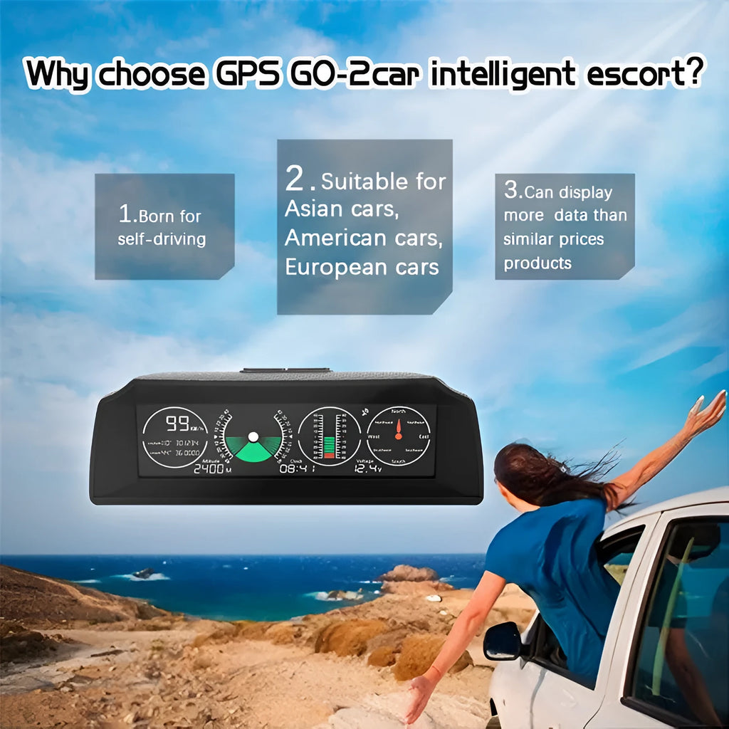 GPS GO 2 Universal Car Heads-Up Display (HUD) monitor with carbon fibre body on a car dashboard.