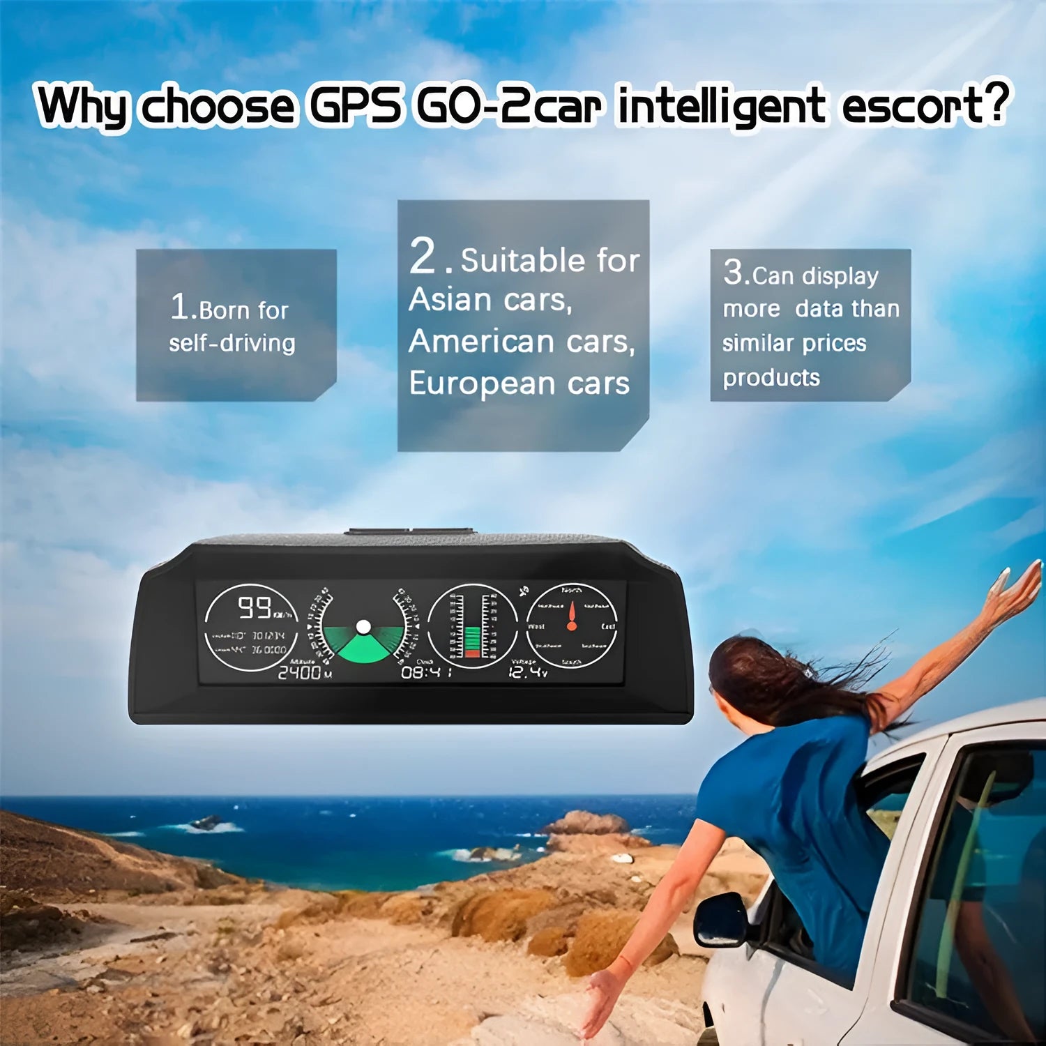GPS GO 2 Universal Car Heads-Up Display (HUD) monitor with carbon fibre body on a car dashboard.