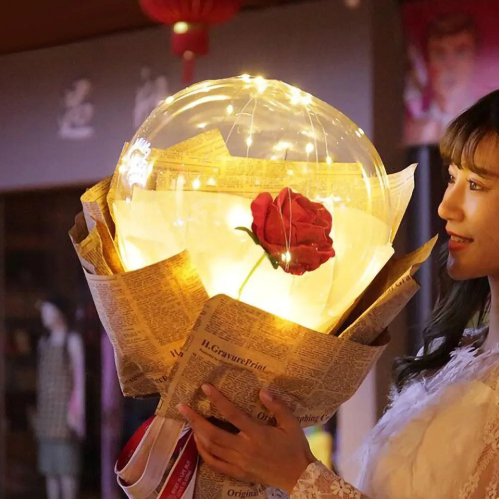 DIY LED luminous balloon rose bouquet set with transparent Bobo balls and LED lights on artificial flowers