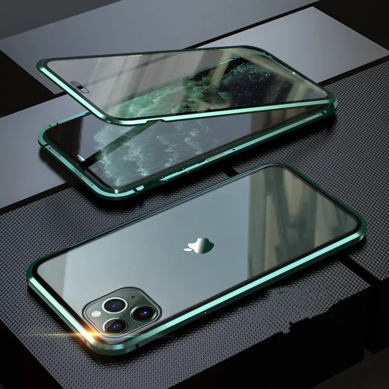 Solid colour glass anti-spy clamshell phone case for iPhone, shown in geometric design.
