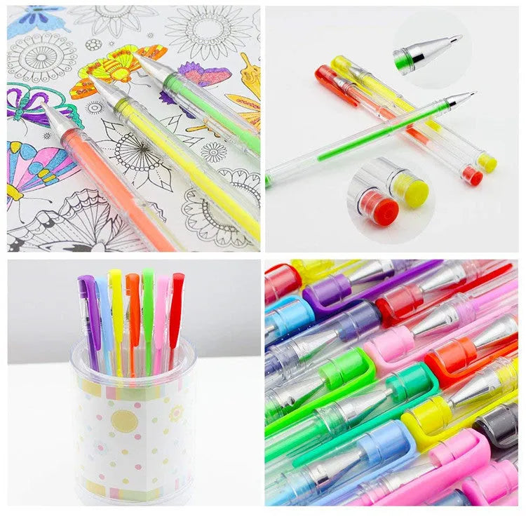 Set of 100 assorted colour gel pens with dual tip sizes, showing plastic barrels.