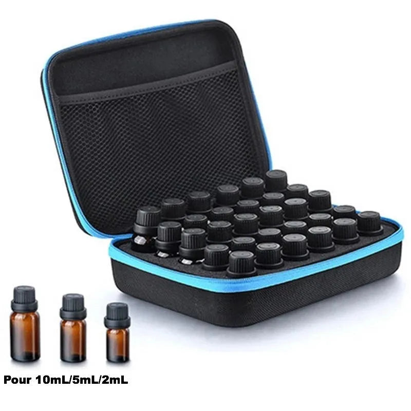 Red EVA essential oil storage bag with 30 compartments hanging on wall