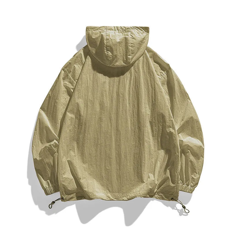 Lightweight hooded zip-up jacket for sun protection in Lycra spandex fabric.