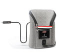 Grey Oxford cloth portable car USB baby bottle warmer with display, shown with two bottles and a 12V car charger.