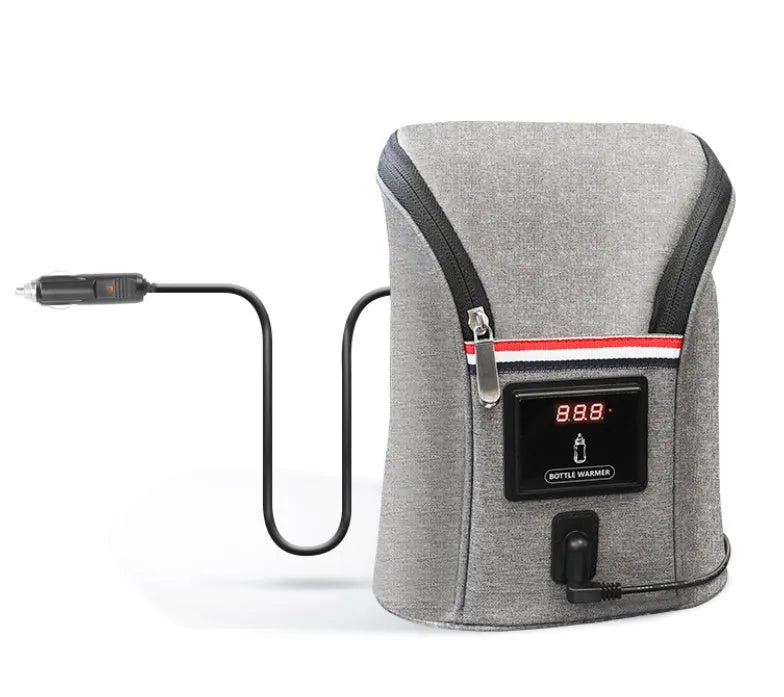 Grey Oxford cloth portable car USB baby bottle warmer with display, shown with two bottles and a 12V car charger.
