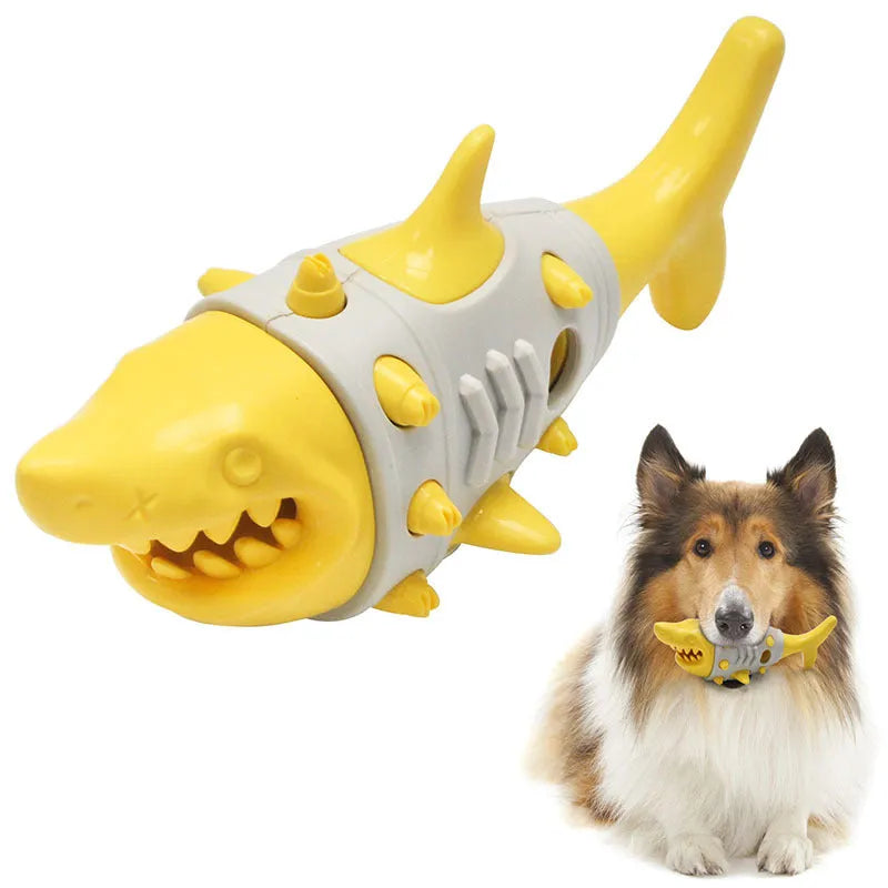 Blue textured dog chew toy shaped with ridges mimicking shark teeth for dental cleaning