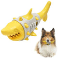Blue textured dog chew toy shaped with ridges mimicking shark teeth for dental cleaning