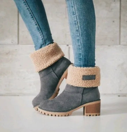 Women's suede mid-tube snow boots with a thick heel and round toe in multiple colours.