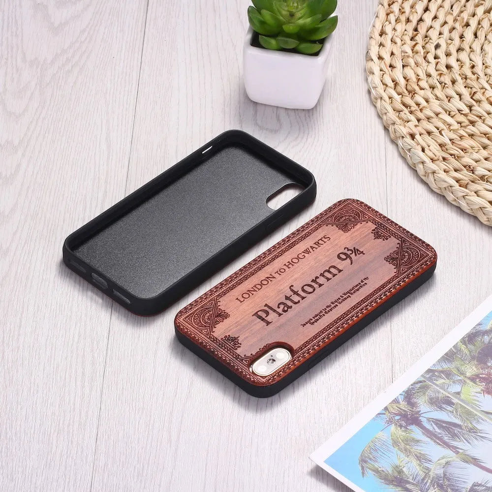 Wooden iPhone case with TPU bumper showing laser-carved animal design