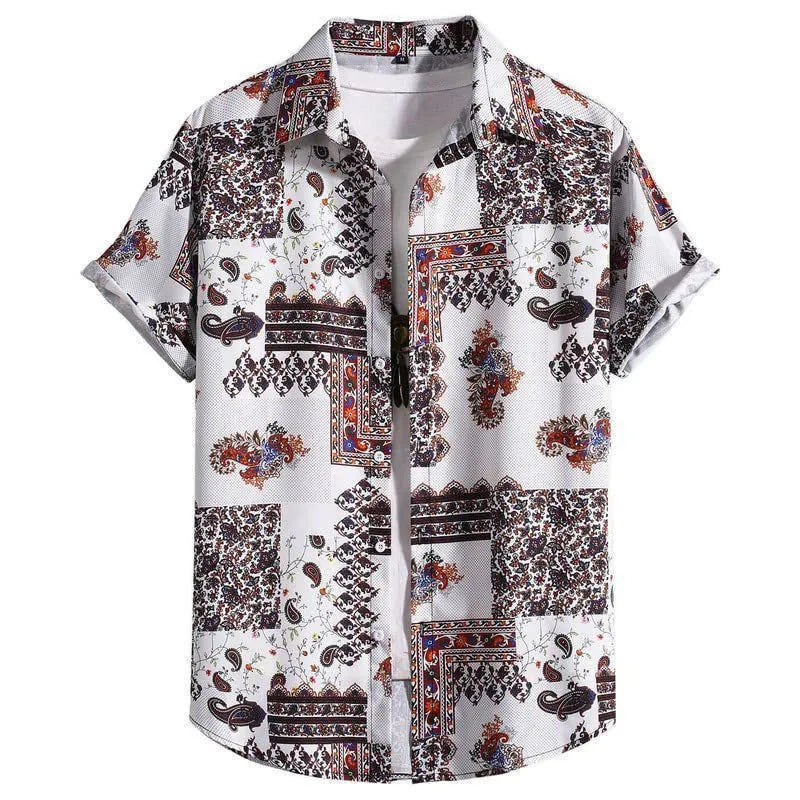Men's slim fit short sleeve Hawaiian shirt with digital print pattern on stretch polyester fabric.
