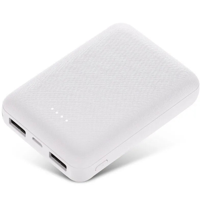 Black or white 10000mAh ultra-thin power bank with multiple USB ports showing 90mm x 63mm x 22mm dimensions