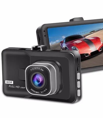 Black 1080P car DVR with 140 degree wide angle lens and IR night vision mounted on windscreen