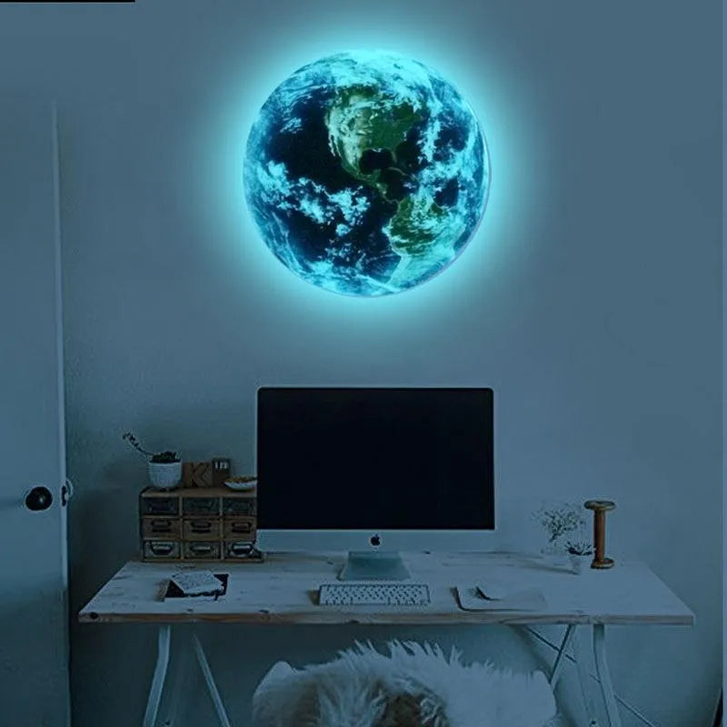 Glow in the dark 3D Earth planet wall sticker in various sizes on a wall