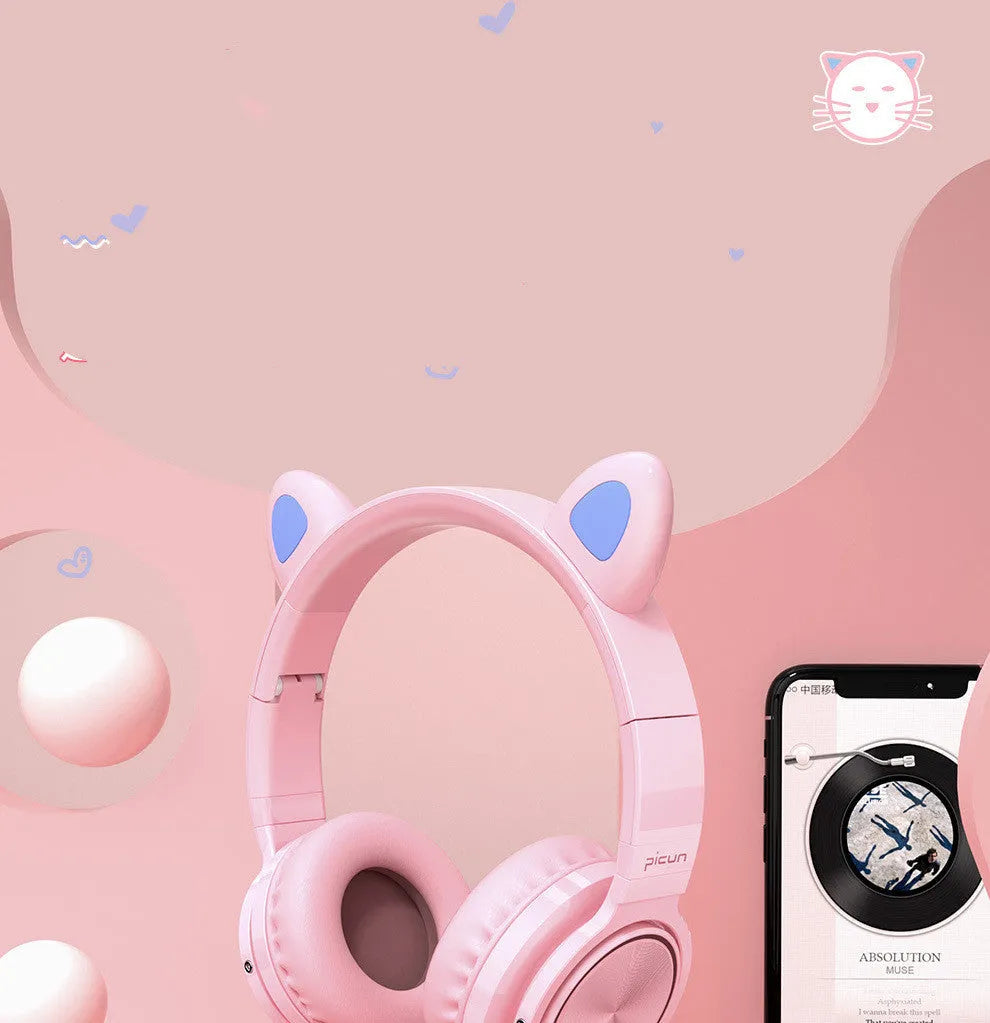 Luminous Bluetooth wireless headphones in pink white colour with high imitation protein earmuffs and braided cable